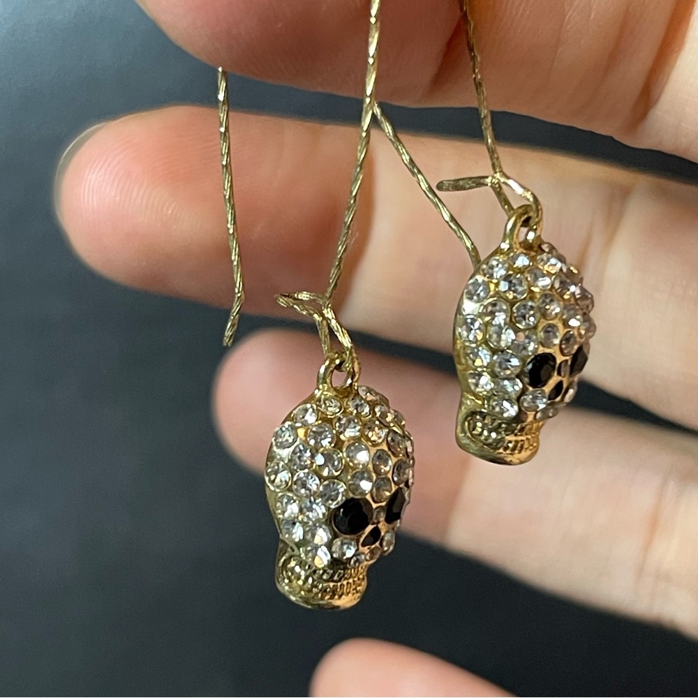 Gold Skull Earrings with Crystal Accents - Picture 3 of 7